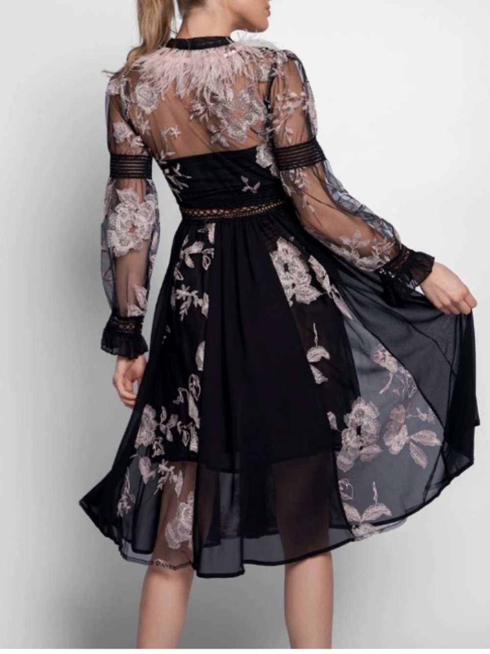 Black Long-Sleeve Floral Dress with Pink Feather Trim